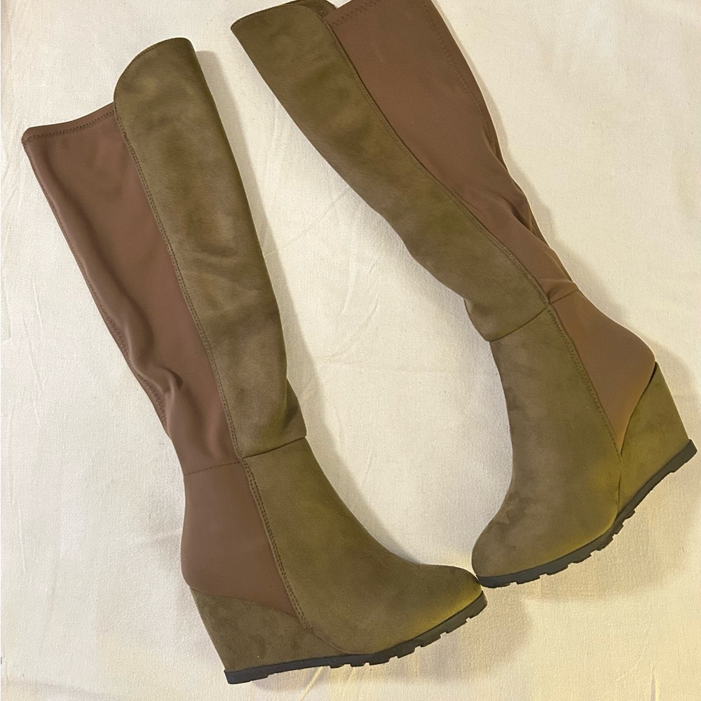 Stylish Green & Brown Knee-High Wedge Boots
